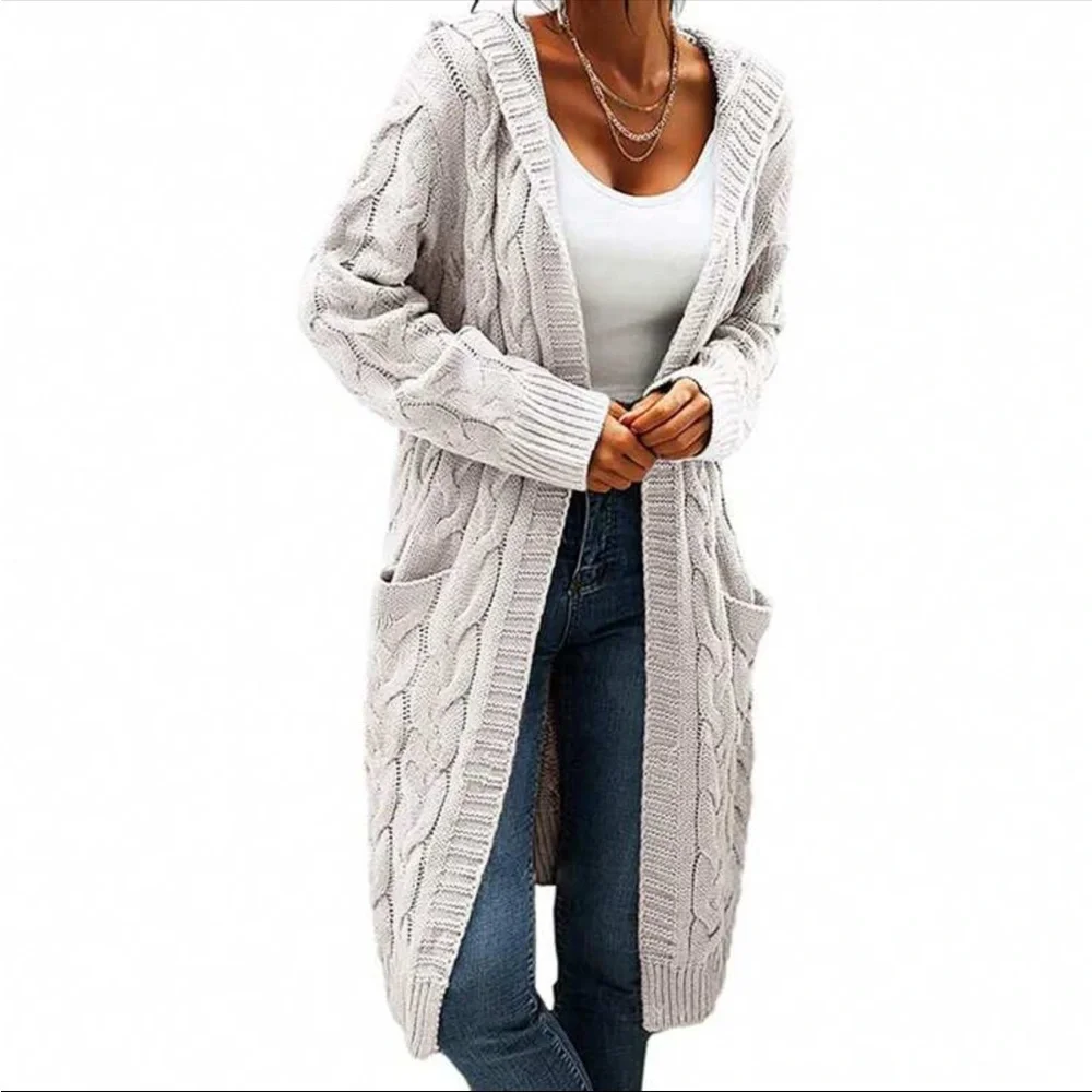 Luxe Cable Knit Long Sleeve Sweater Cardigan Open Front Pocket Hooded Hood - Picture 14 of 16